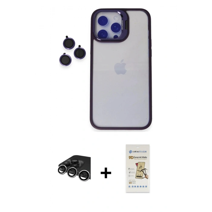 MARSİLYAN™- iPhone 14 Pro Max Kılıf Yankı Asil Serisi - Siyah Mat Seramik Nano Ekran Koruyucu + Raze Metal Kamera Lens - GS