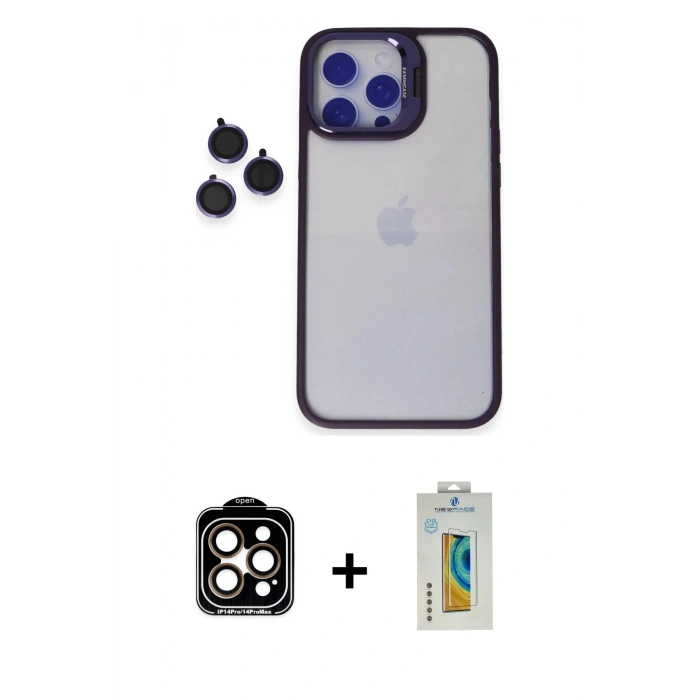 MARSİLYAN™- iPhone 14 Pro Max Kılıf Yankı Asil Serisi - Siyah Polymer Nano Ekran Koruyucu + PVD Metal Kamera Lens - TU