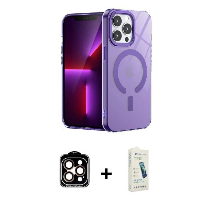 MARSİLYAN™- iPhone 14 Pro Max Kılıf Yankı Çizgi - Şeffaf Pasifik Cam Ekran Koruyucu + PVD Metal Kamera Lens - TU