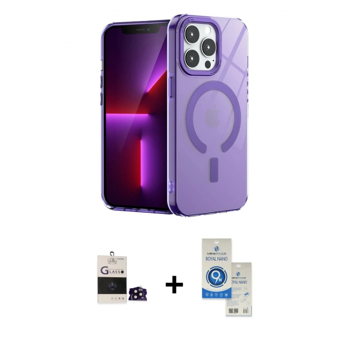 MARSİLYAN™- iPhone 14 Pro Max Kılıf Yankı Çizgi - Şeffaf Royal Nano Ekran Koruyucu + Siyah Bilvis Titan Kamera Lens