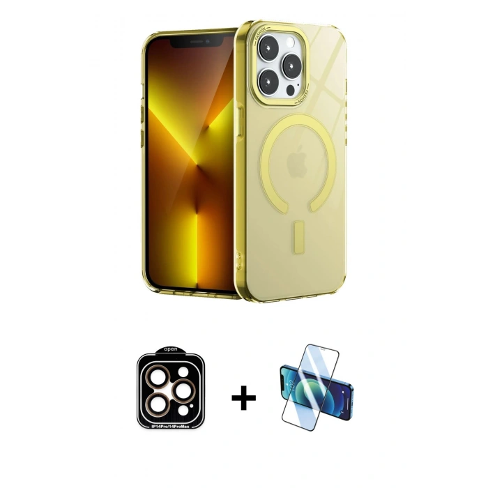 MARSİLYAN™- iPhone 14 Pro Max Kılıf Yankı Çizgi - Siyah 3D Antistatik Cam Ekran Koruyucu + Turuncu PVD Metal Kamera Lens