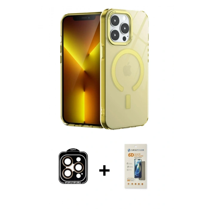 MARSİLYAN™- iPhone 14 Pro Max Kılıf Yankı Çizgi - Siyah 6D Mat Seramik Hayalet Nano Ekran Koruyucu + Turuncu PVD Metal Kamera Lens