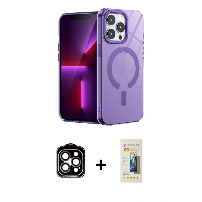 MARSİLYAN™- iPhone 14 Pro Max Kılıf Yankı Çizgi - Siyah 6D Mat Seramik Hayalet Nano Ekran Koruyucu + Turuncu PVD Metal Kamera Lens