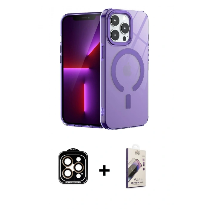 MARSİLYAN™- iPhone 14 Pro Max Kılıf Yankı Çizgi - Siyah Bilvis 3D Mat Cam Ekran Koruyucu + PVD Metal Kamera Lens - TU