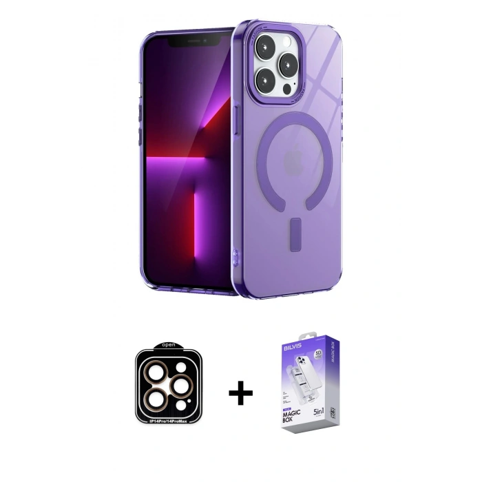 MARSİLYAN™- iPhone 14 Pro Max Kılıf Yankı Çizgi - Siyah Bilvis 5in1 3D Magic Cam Ekran Koruyucu + PVD Metal Kamera Lens - TU