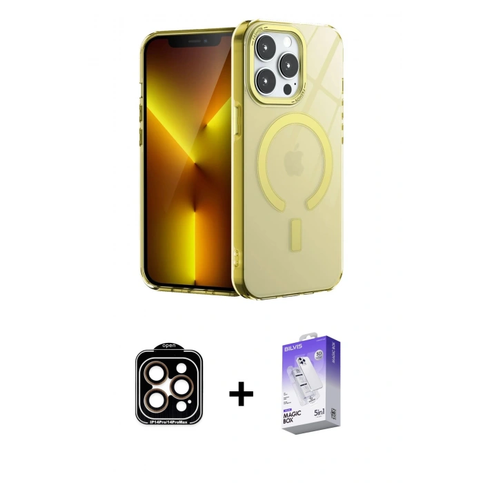 MARSİLYAN™- iPhone 14 Pro Max Kılıf Yankı Çizgi - Siyah Bilvis 5in1 3D Magic Cam Ekran Koruyucu + PVD Metal Kamera Lens - TU