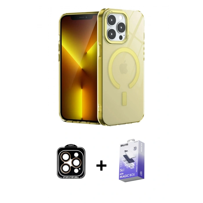 MARSİLYAN™- iPhone 14 Pro Max Kılıf Yankı Çizgi - Siyah Bilvis 5in1 5D Magic Hayalet Cam Ekran Koruyucu + PVD Metal Kamera Lens - TU