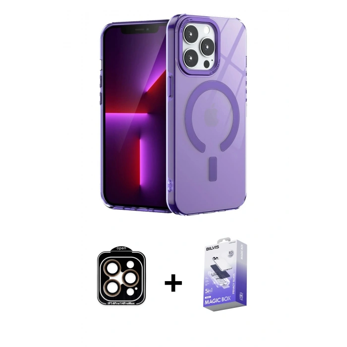 MARSİLYAN™- iPhone 14 Pro Max Kılıf Yankı Çizgi - Siyah Bilvis 5in1 5D Magic Hayalet Cam Ekran Koruyucu + PVD Metal Kamera Lens - TU