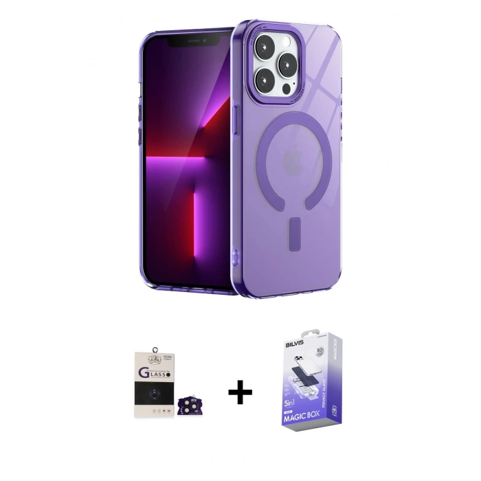 MARSİLYAN™- iPhone 14 Pro Max Kılıf Yankı Çizgi - Siyah Bilvis 5in1 5D Magic Hayalet Cam Ekran Koruyucu + Derin Mor Bilvis Titan Kamera Lens