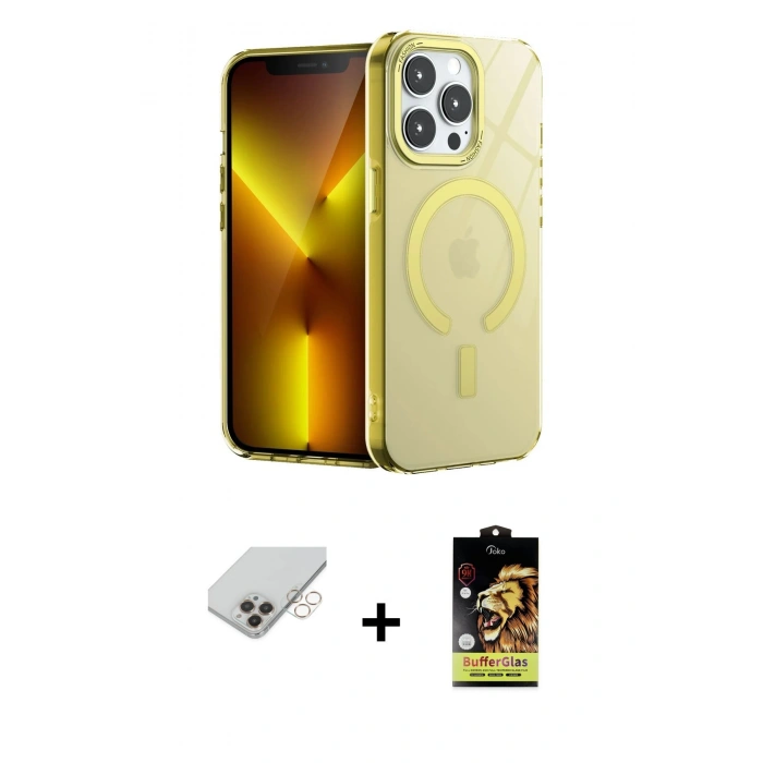 MARSİLYAN™- iPhone 14 Pro Max Kılıf Yankı Çizgi - Siyah Buffer Cam Ekran Koruyucu + Gold Band Metal Kamera Lens