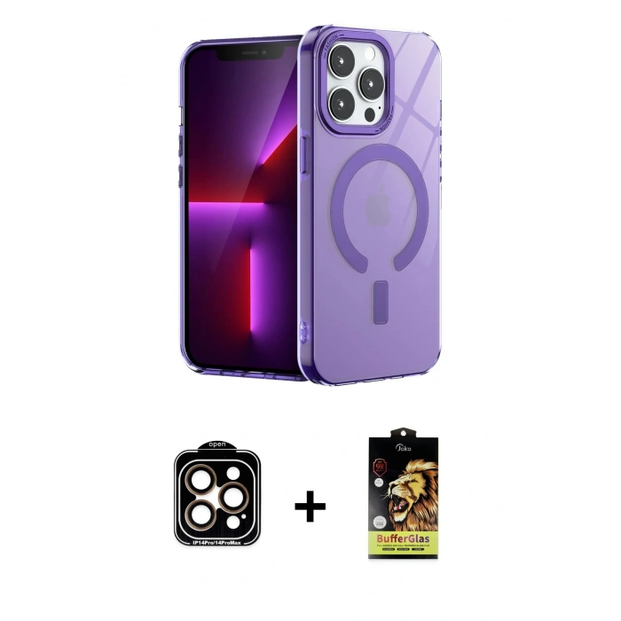 MARSİLYAN™- iPhone 14 Pro Max Kılıf Yankı Çizgi - Siyah Buffer Cam Ekran Koruyucu + PVD Metal Kamera Lens - TU