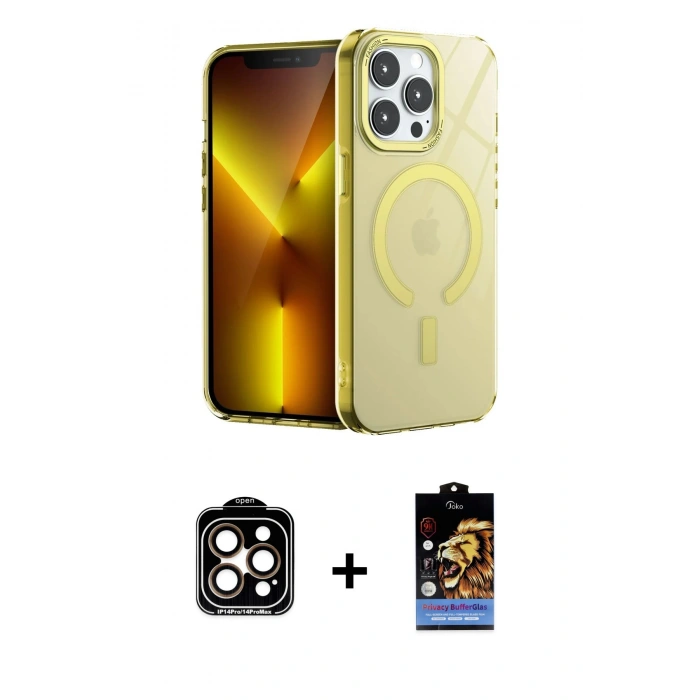 MARSİLYAN™- iPhone 14 Pro Max Kılıf Yankı Çizgi - Siyah Buffer Hayalet Cam Ekran Koruyucu + PVD Metal Kamera Lens - TU