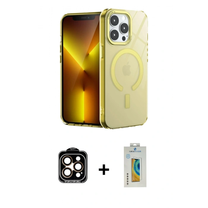 MARSİLYAN™- iPhone 14 Pro Max Kılıf Yankı Çizgi - Siyah Polymer Nano Ekran Koruyucu + PVD Metal Kamera Lens - TU