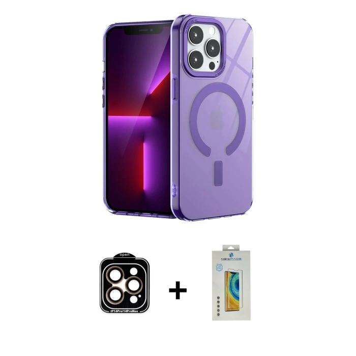 MARSİLYAN™- iPhone 14 Pro Max Kılıf Yankı Çizgi - Siyah Polymer Nano Ekran Koruyucu + PVD Metal Kamera Lens - TU