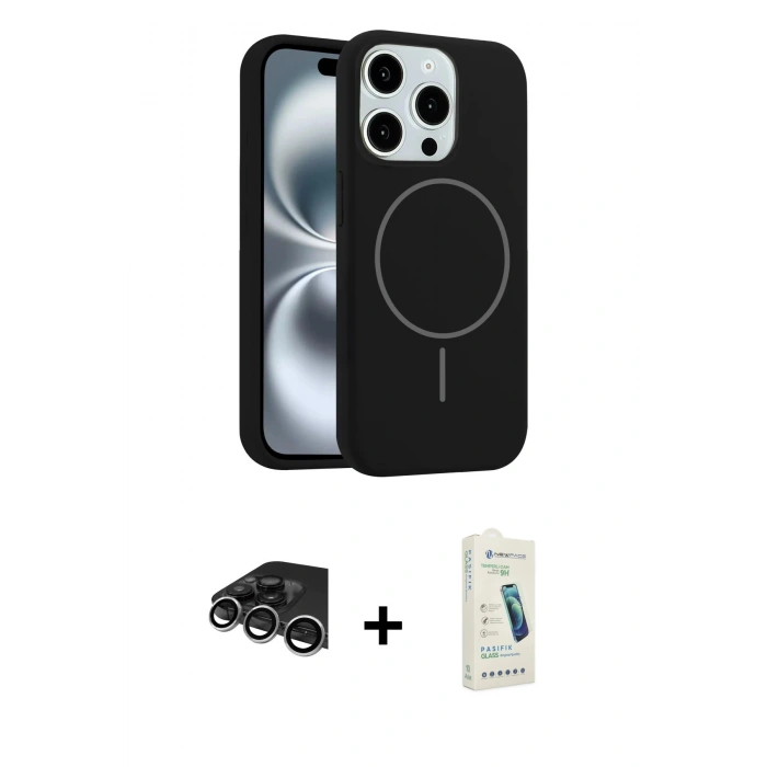 MARSİLYAN™- iPhone 14 Pro Max Kılıf Yankı Form Serisi - Şeffaf Pasifik Cam Ekran Koruyucu + Gümüş Raze Metal Kamera Lens