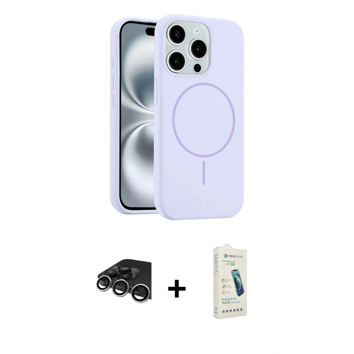 MARSİLYAN™- iPhone 14 Pro Max Kılıf Yankı Form Serisi - Şeffaf Pasifik Cam Ekran Koruyucu + Gümüş Raze Metal Kamera Lens