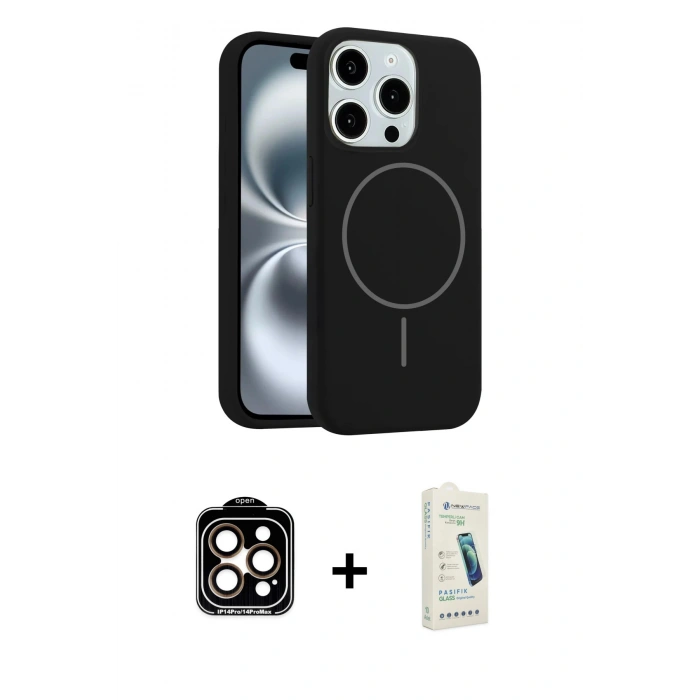 MARSİLYAN™- iPhone 14 Pro Max Kılıf Yankı Form Serisi - Şeffaf Pasifik Cam Ekran Koruyucu + PVD Metal Kamera Lens - TU