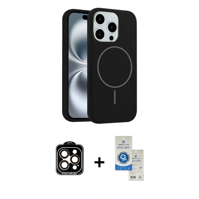 MARSİLYAN™- iPhone 14 Pro Max Kılıf Yankı Form Serisi - Şeffaf Royal Nano Ekran Koruyucu + PVD Metal Kamera Lens - TU