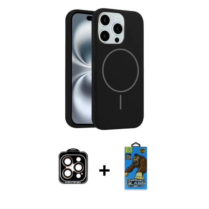 MARSİLYAN™- iPhone 14 Pro Max Kılıf Yankı Form Serisi - Siyah 18D Cam Ekran Koruyucu + PVD Metal Kamera Lens - TU