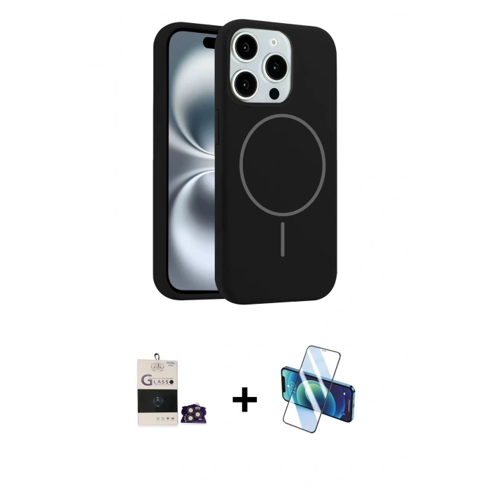 MARSİLYAN™- iPhone 14 Pro Max Kılıf Yankı Form Serisi - Siyah 3D Antistatik Cam Ekran Koruyucu + Bilvis Titan Kamera Lens - GD