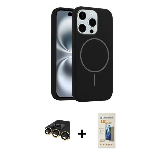 MARSİLYAN™- iPhone 14 Pro Max Kılıf Yankı Form Serisi - Siyah 6D Mat Seramik Hayalet Nano Ekran Koruyucu + Raze Metal Kamera Lens - GD