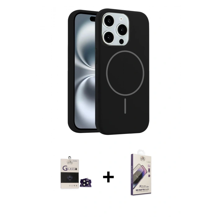 MARSİLYAN™- iPhone 14 Pro Max Kılıf Yankı Form Serisi - Siyah Bilvis 3D Mat Cam Ekran Koruyucu + Bilvis Titan Kamera Lens - SH