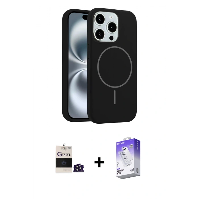 MARSİLYAN™- iPhone 14 Pro Max Kılıf Yankı Form Serisi - Siyah Bilvis 5in1 3D Magic Cam Ekran Koruyucu + Derin Mor Bilvis Titan Kamera Lens