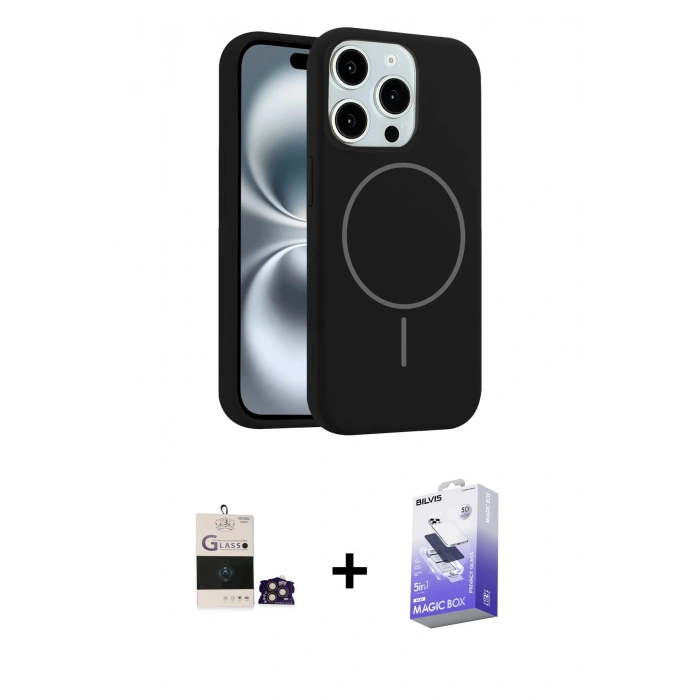MARSİLYAN™- iPhone 14 Pro Max Kılıf Yankı Form Serisi - Siyah Bilvis 5in1 5D Magic Hayalet Cam Ekran Koruyucu + Bilvis Titan Kamera Lens - GD