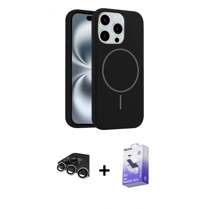 MARSİLYAN™- iPhone 14 Pro Max Kılıf Yankı Form Serisi - Siyah Bilvis 5in1 5D Magic Hayalet Cam Ekran Koruyucu + Raze Metal Kamera Lens - GS