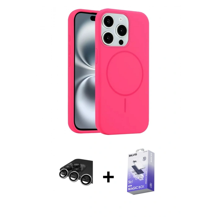 MARSİLYAN™- iPhone 14 Pro Max Kılıf Yankı Form Serisi - Siyah Bilvis 5in1 5D Magic Hayalet Cam Ekran Koruyucu + Raze Metal Kamera Lens - GS