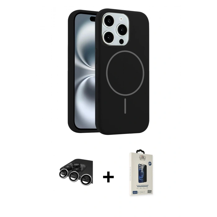MARSİLYAN™- iPhone 14 Pro Max Kılıf Yankı Form Serisi - Siyah Bilvis Hayalet Cam Ekran Koruyucu + Raze Metal Kamera Lens - GS