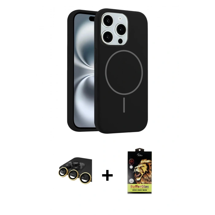 MARSİLYAN™- iPhone 14 Pro Max Kılıf Yankı Form Serisi - Siyah Buffer Cam Ekran Koruyucu + Raze Metal Kamera Lens - GD