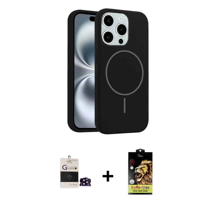 MARSİLYAN™- iPhone 14 Pro Max Kılıf Yankı Form Serisi - Siyah Buffer Cam Ekran Koruyucu + Siyah Bilvis Titan Kamera Lens