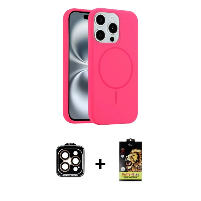 MARSİLYAN™- iPhone 14 Pro Max Kılıf Yankı Form Serisi - Siyah Buffer Cam Ekran Koruyucu + Turuncu PVD Metal Kamera Lens