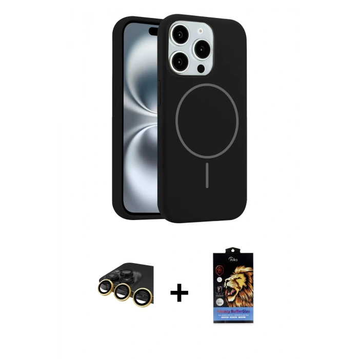 MARSİLYAN™- iPhone 14 Pro Max Kılıf Yankı Form Serisi - Siyah Buffer Hayalet Cam Ekran Koruyucu + Gold Raze Metal Kamera Lens