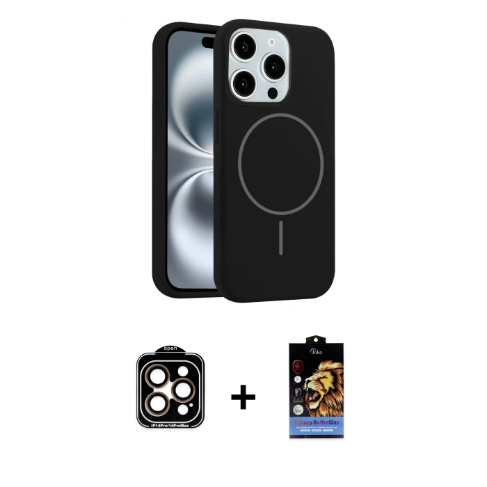 MARSİLYAN™- iPhone 14 Pro Max Kılıf Yankı Form Serisi - Siyah Buffer Hayalet Cam Ekran Koruyucu + PVD Metal Kamera Lens - TU