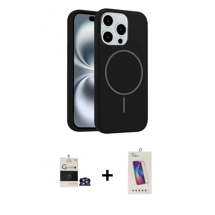 MARSİLYAN™- iPhone 14 Pro Max Kılıf Yankı Form Serisi - Siyah Joko 5D Cam + Gümüş Bilvis Titan Kamera Lens