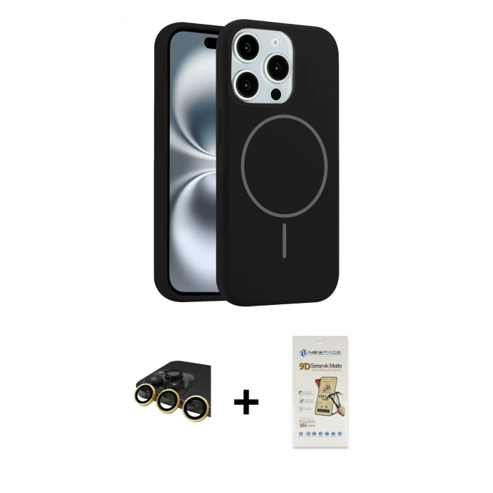 MARSİLYAN™- iPhone 14 Pro Max Kılıf Yankı Form Serisi - Siyah Mat Seramik Nano Ekran Koruyucu + Gold Raze Metal Kamera Lens