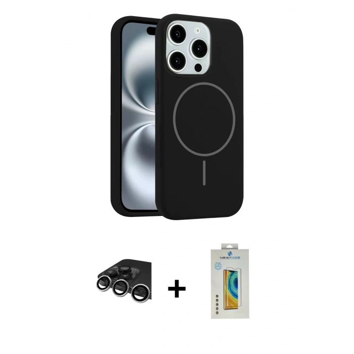 MARSİLYAN™- iPhone 14 Pro Max Kılıf Yankı Form Serisi - Siyah Polymer Nano Ekran Koruyucu + Raze Metal Kamera Lens - GS