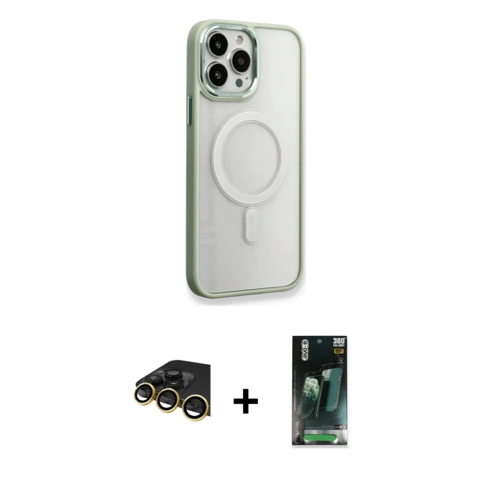 MARSİLYAN™- iPhone 14 Pro Max Kılıf Yankı Işık Özel Seri - Şeffaf 360 Full Body Arka Koruyucu + Gold Raze Metal Kamera Lens