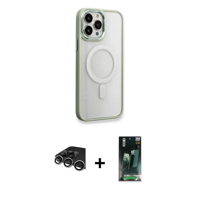 MARSİLYAN™- iPhone 14 Pro Max Kılıf Yankı Işık Özel Seri - Şeffaf 360 Full Body Arka Koruyucu + Gümüş Raze Metal Kamera Lens