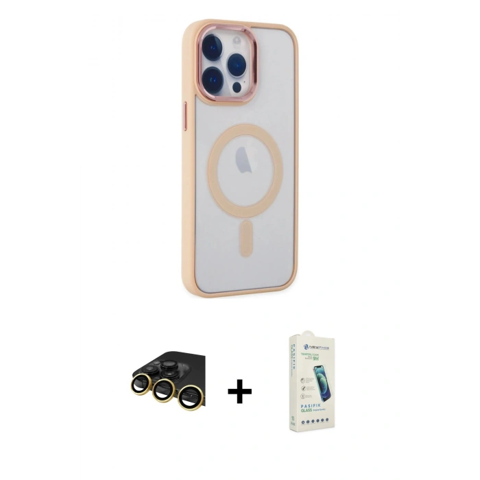 MARSİLYAN™- iPhone 14 Pro Max Kılıf Yankı Işık Özel Seri - Şeffaf Pasifik Cam Ekran Koruyucu + Raze Metal Kamera Lens - GD