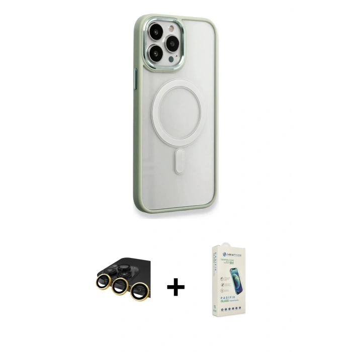 MARSİLYAN™- iPhone 14 Pro Max Kılıf Yankı Işık Özel Seri - Şeffaf Pasifik Cam Ekran Koruyucu + Raze Metal Kamera Lens - GD