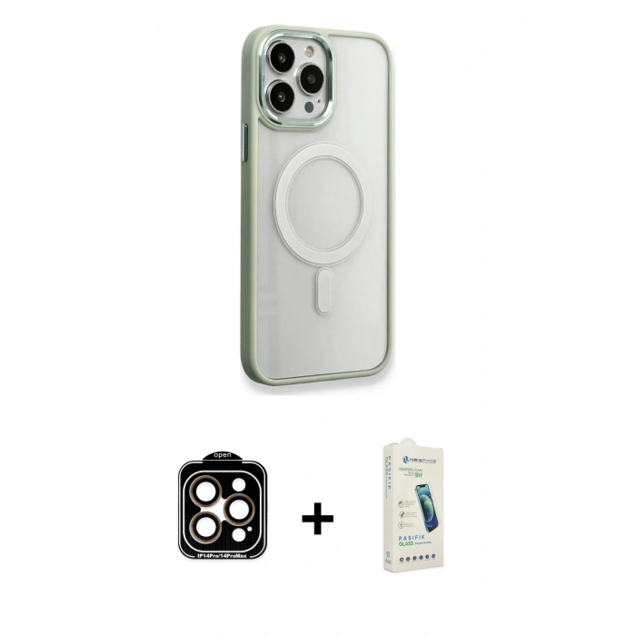 MARSİLYAN™- iPhone 14 Pro Max Kılıf Yankı Işık Özel Seri - Şeffaf Pasifik Cam Ekran Koruyucu + PVD Metal Kamera Lens - TU