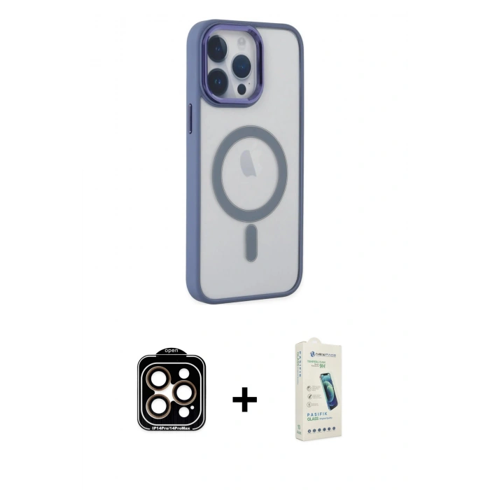 MARSİLYAN™- iPhone 14 Pro Max Kılıf Yankı Işık Özel Seri - Şeffaf Pasifik Cam Ekran Koruyucu + PVD Metal Kamera Lens - TU