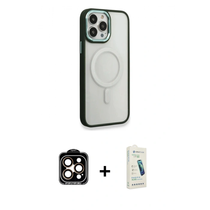 MARSİLYAN™- iPhone 14 Pro Max Kılıf Yankı Işık Özel Seri - Şeffaf Pasifik Cam Ekran Koruyucu + PVD Metal Kamera Lens - TU