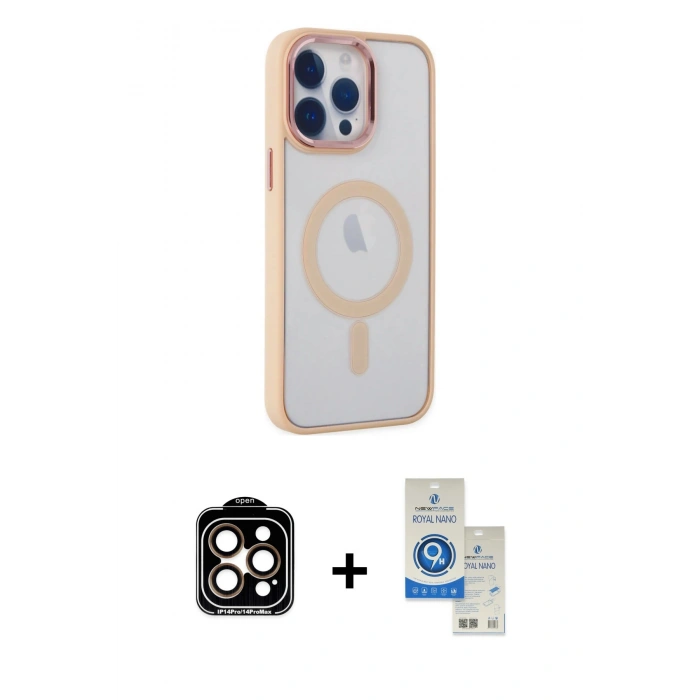 MARSİLYAN™- iPhone 14 Pro Max Kılıf Yankı Işık Özel Seri - Şeffaf Royal Nano Ekran Koruyucu + PVD Metal Kamera Lens - TU