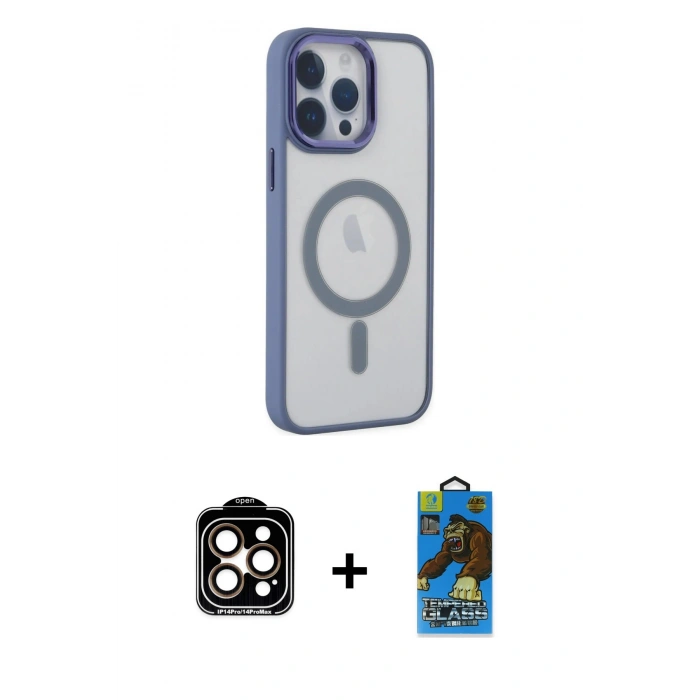 MARSİLYAN™- iPhone 14 Pro Max Kılıf Yankı Işık Özel Seri - Siyah 18D Cam Ekran Koruyucu + PVD Metal Kamera Lens - TU