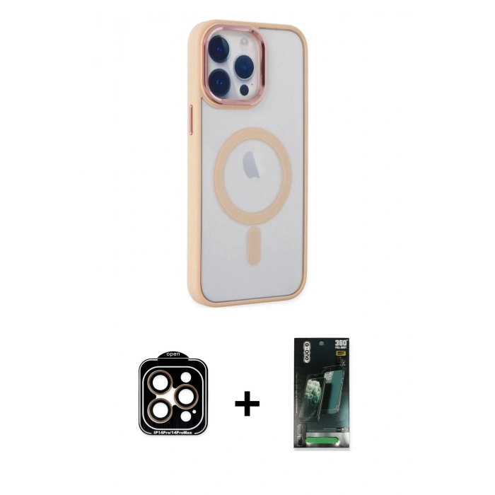 MARSİLYAN™- iPhone 14 Pro Max Kılıf Yankı Işık Özel Seri - Siyah 360 Mat Full Body Arka Koruyucu + PVD Metal Kamera Lens - TU