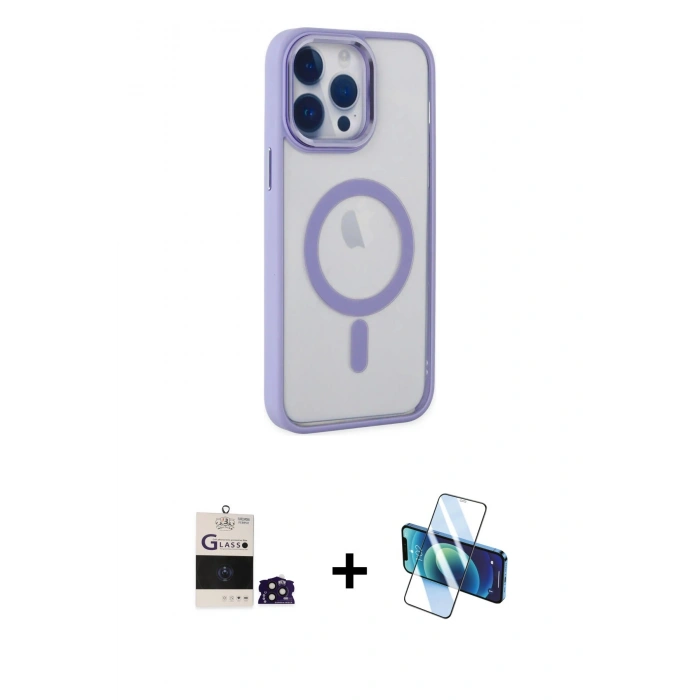MARSİLYAN™- iPhone 14 Pro Max Kılıf Yankı Işık Özel Seri - Siyah 3D Antistatik Cam Ekran Koruyucu + Derin Mor Bilvis Titan Kamera Lens